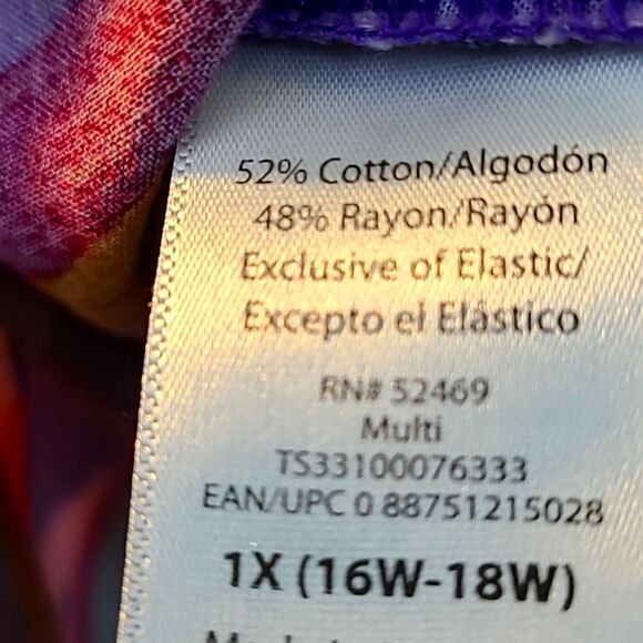 Terra & Sky Colorful Top Purple Orange Print Shirred Elastic, Size 1X, 16W-18W - Picture 9 of 9